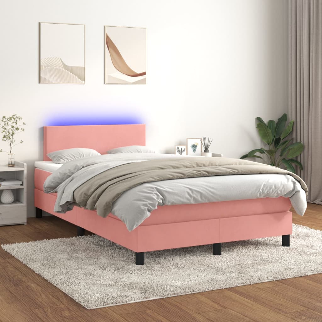 Box spring postel s matrací a LED růžová 120x200 cm samet