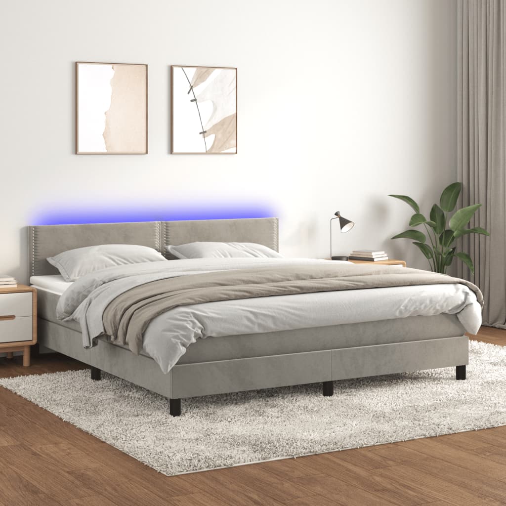 Box spring postel s matrací a LED světle šedá 180x200 cm samet