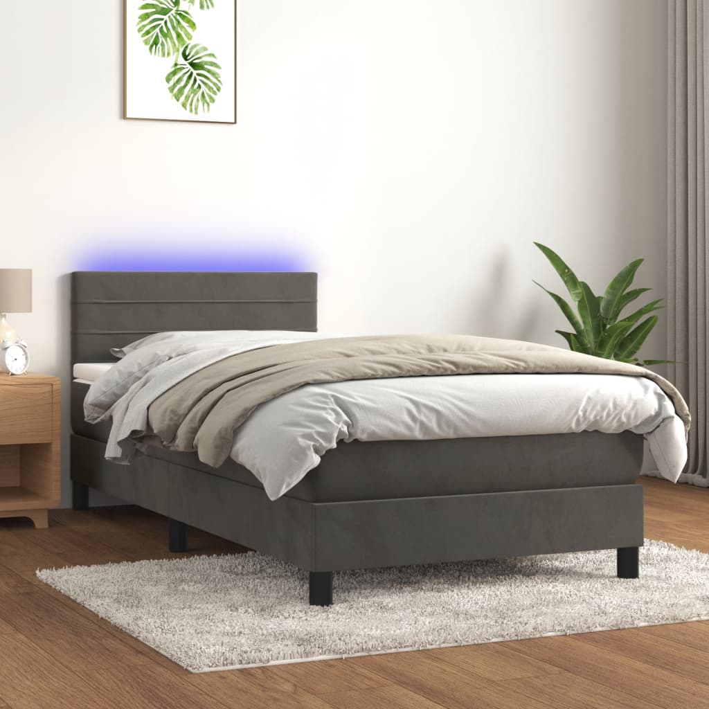Box spring postel s matrací a LED tmavě šedá 100x200 cm samet