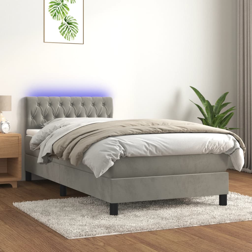 Box spring postel s matrací a LED světle šedá 100x200 cm samet