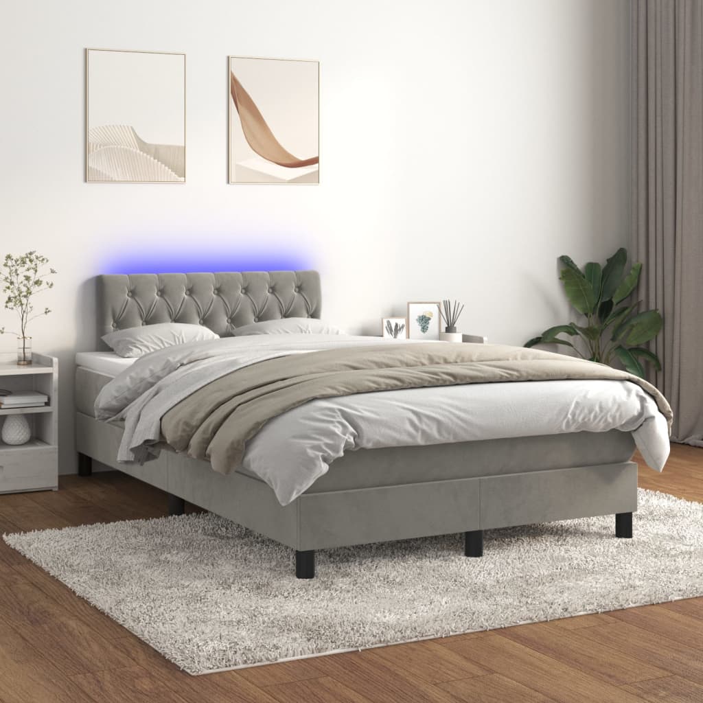 Box spring postel s matrací a LED světle šedá 120x200 cm samet