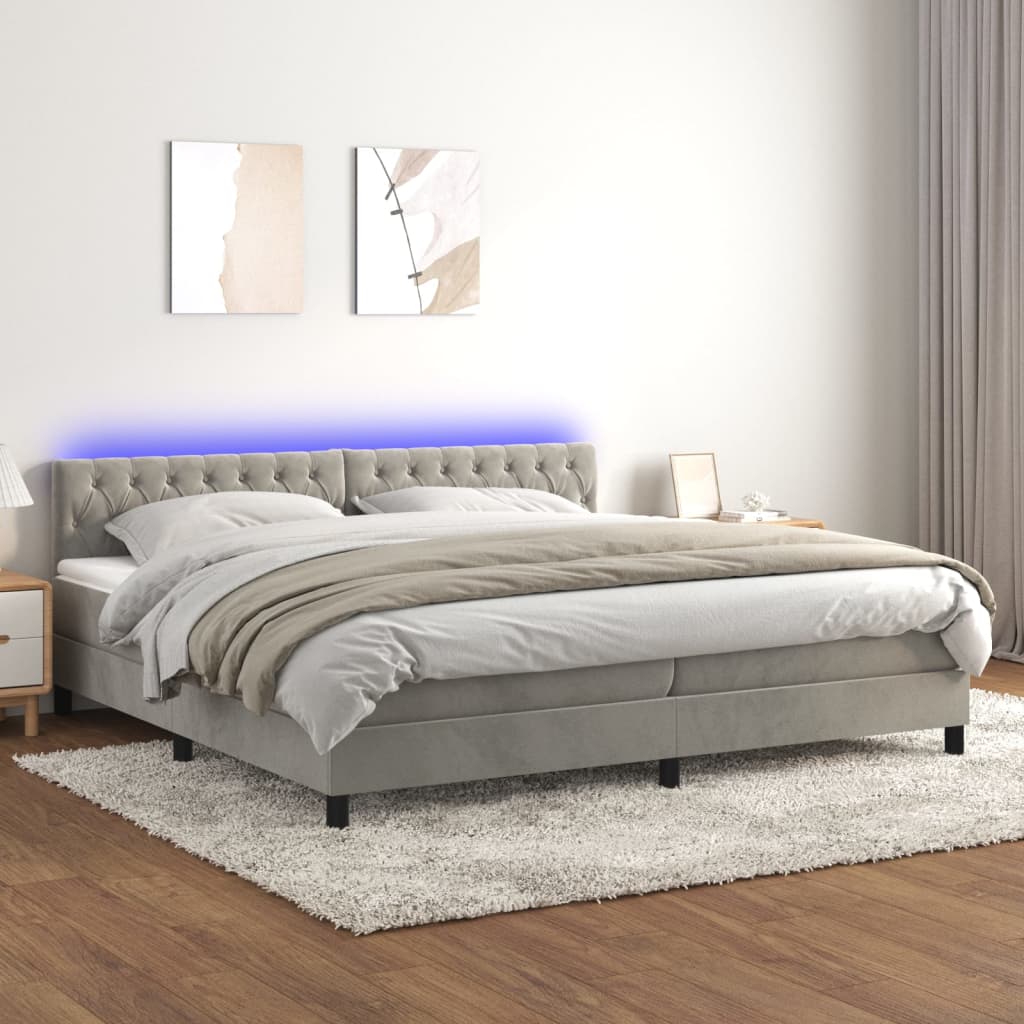 Box spring postel s matrací a LED světle šedá 200x200 cm samet