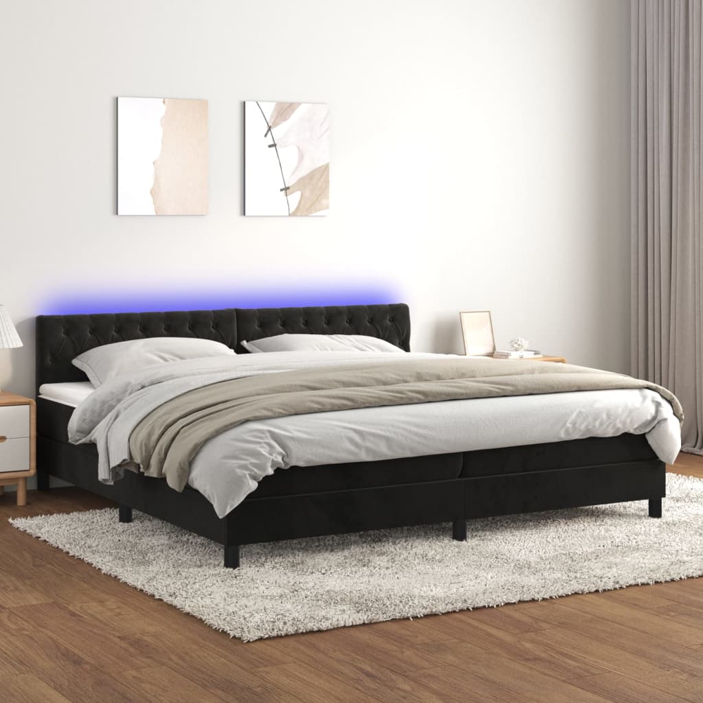 Box spring postel s matrací a LED černá 200x200 cm samet
