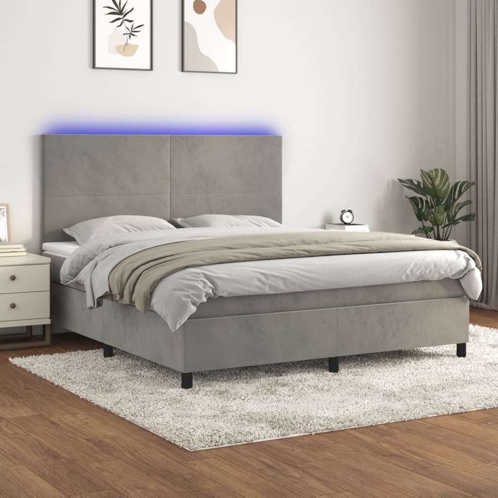 Box spring postel s matrací a LED světle šedá 180x200 cm samet