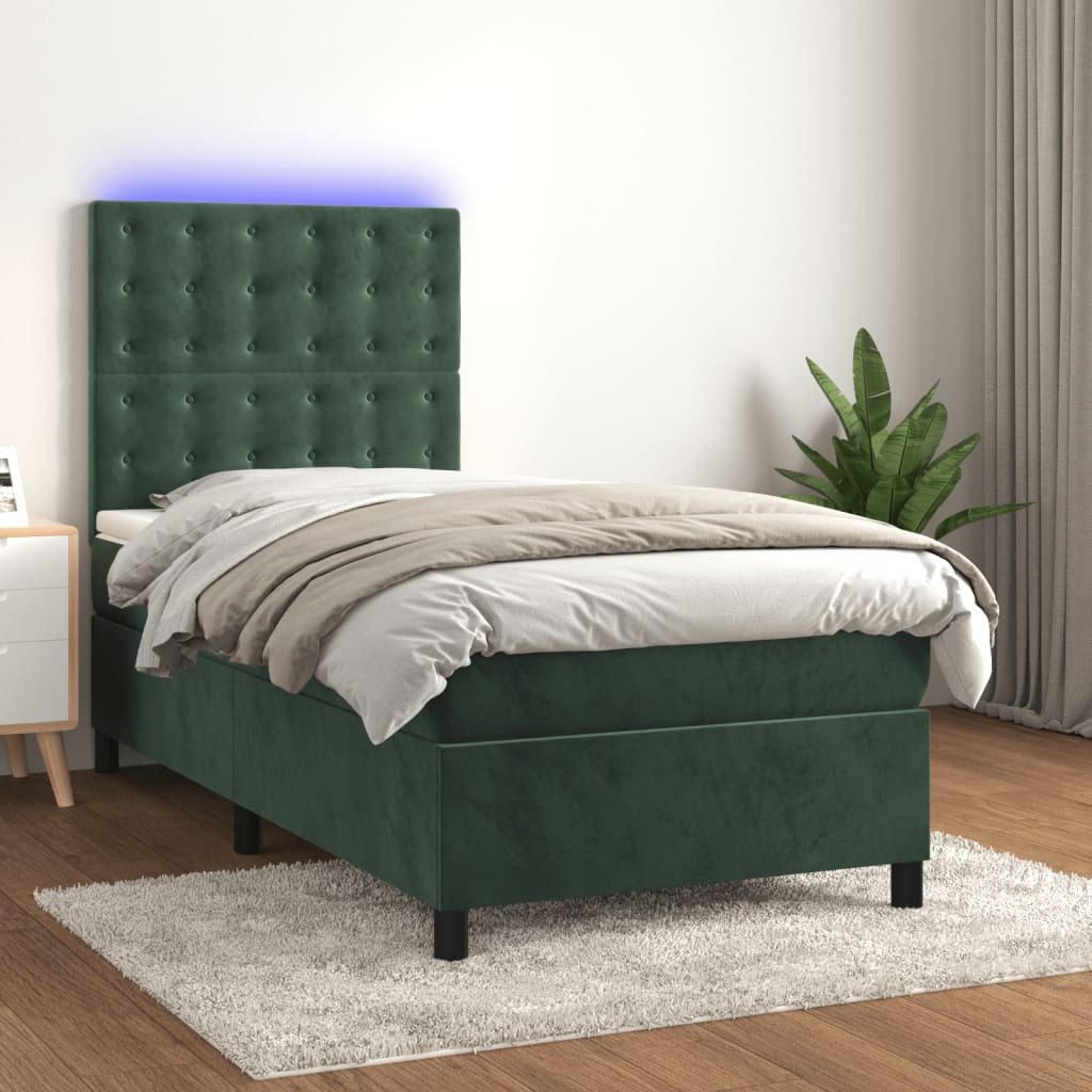 Box spring postel s matrací a LED tmavě zelená 80x200 cm samet