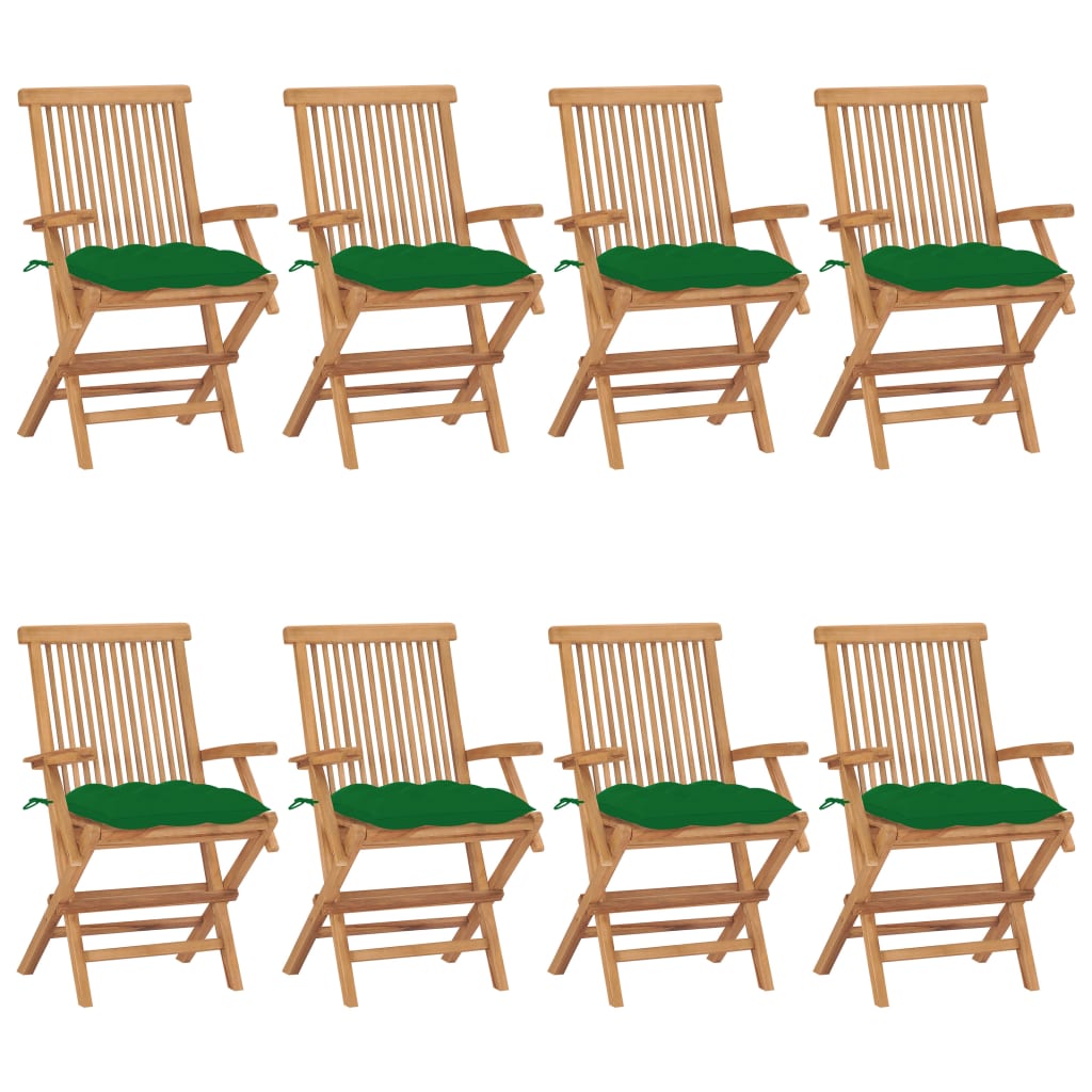 Zahradní židle se zelenými poduškami 8 ks masivní teak