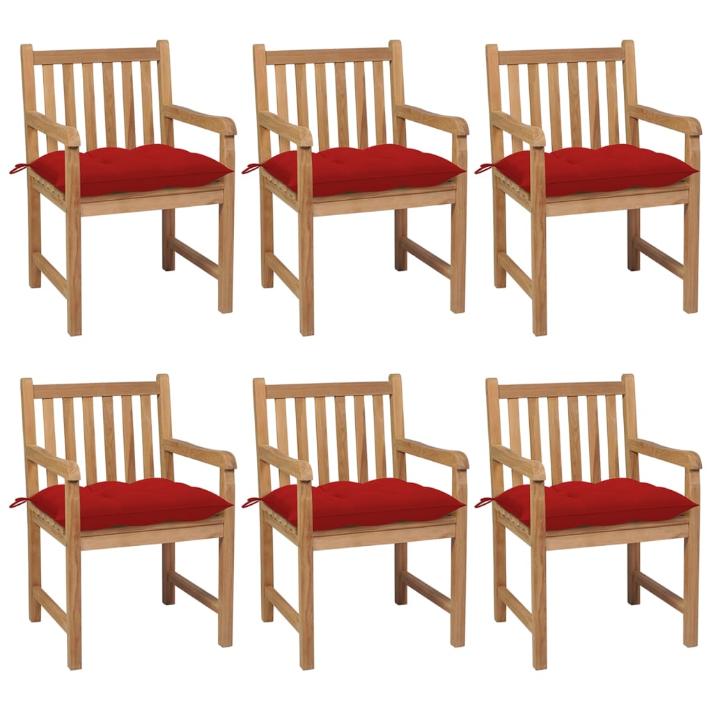 Zahradní židle 6 ks červené podušky masivní teakové dřevo