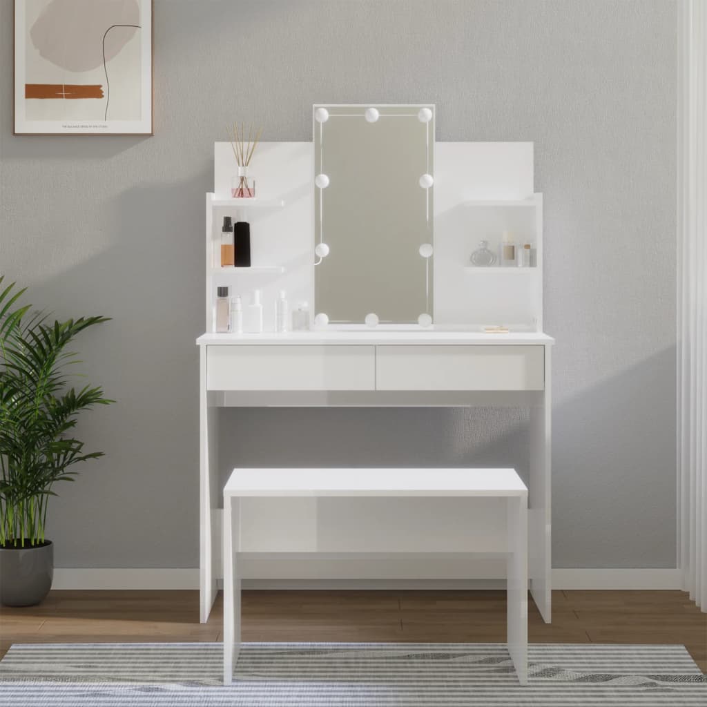 Toaletní stolek sada s LED bílý vysoký lesk kompozitní dřevo
