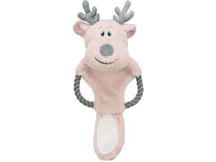 Vánoční sob na laně, šustící, 47 cm, plyš/bavlněné lano, růžová/šedá