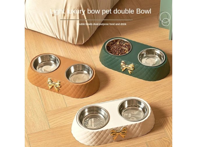 Pet Supplies Bow tie Bowknot Cats Food Bowl PP Base Dog Bowl Stainless Steel Double Pet.jpg