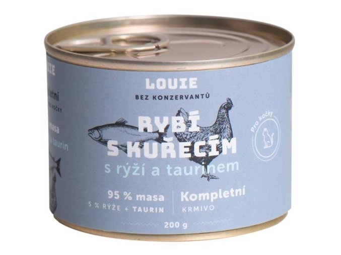 Louie konzerva pro kočky rybí s kuřecím, s rýží a taurinem 200g