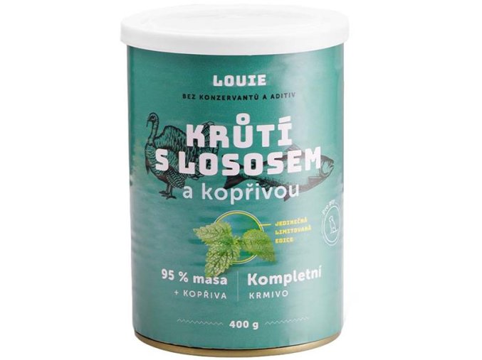 Louie konzerva pro psy krůtí s lososem a kopřivou 400g