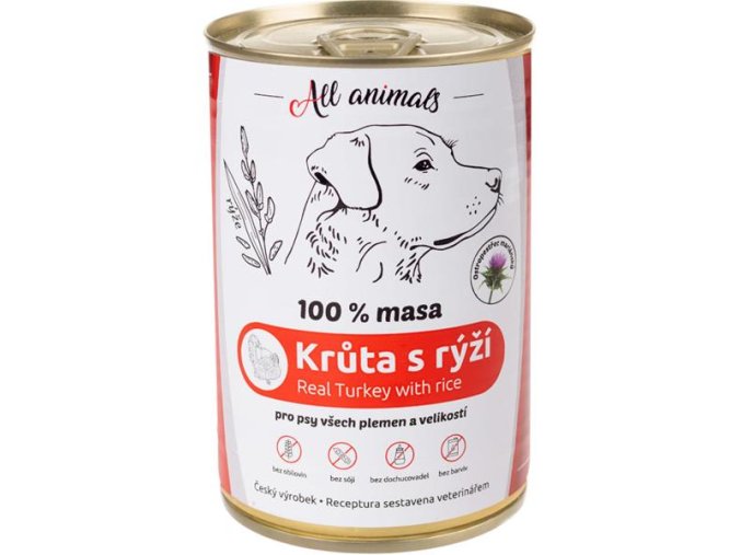 ALL ANIMALS konzerva pro psy krůta mletá s rýží 400g