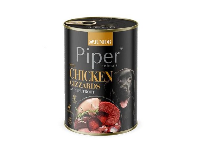 NEW PIPER JUNIOR s kuřecími žaludky a červenou řepou, konzerva pro štěňata, 400 g
