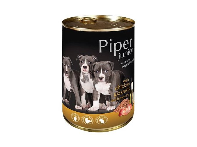 PIPER JUNIOR s kuřecími žaludky a hnědou rýží, konzerva pro štěňata 400g