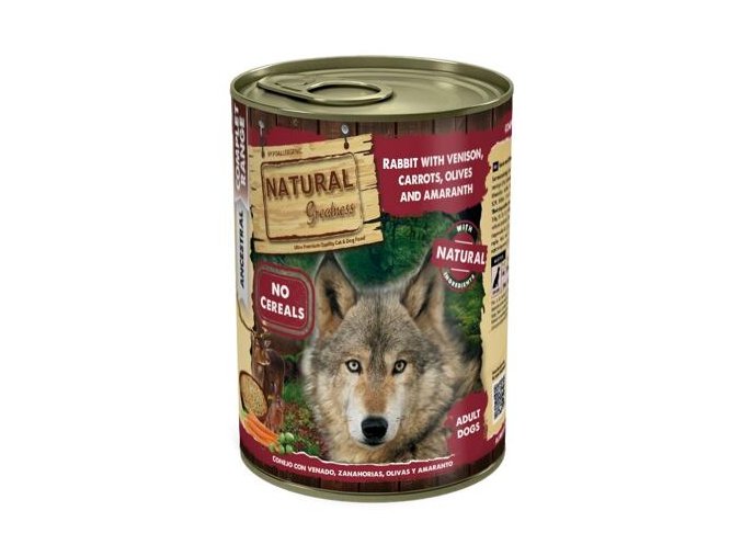 Natural Greatness králík, zvěřina, mrkev, olivy, amarant konzerva pro psy 400 g