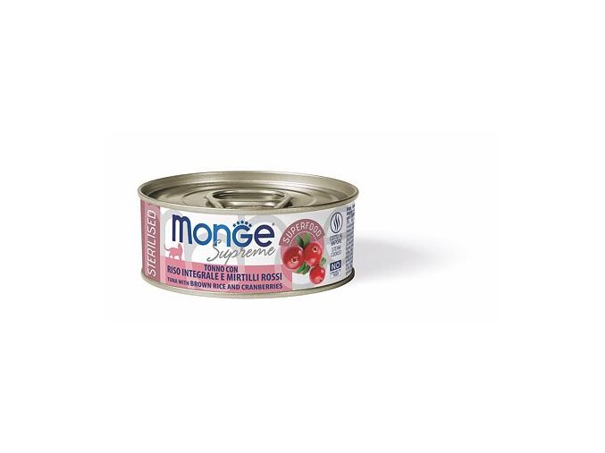 MONGE SUPREME STERILISED tuňák s hnědou rýží a brusinky pro kočky 80 g