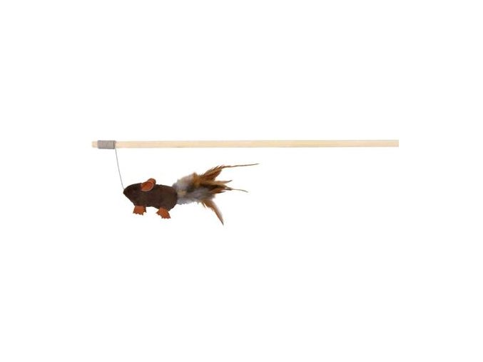 Dřevěná udice s plyšovou myší a peřím 50 cm