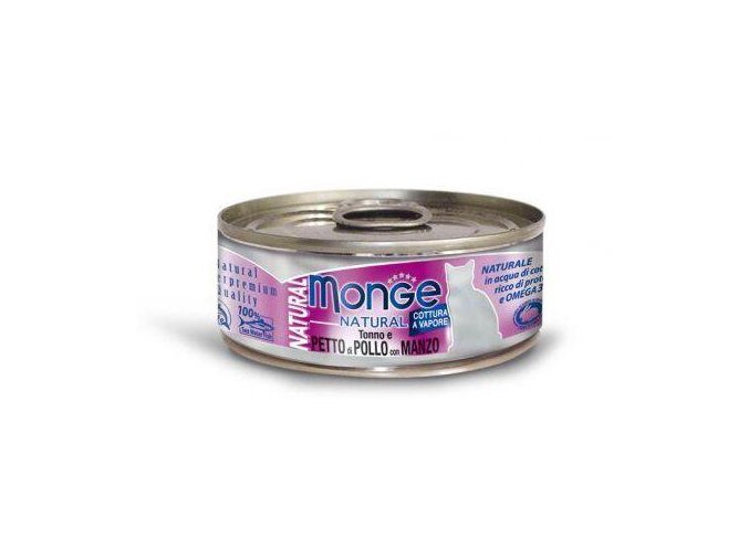 MONGE NATURAL tuňák s kuřecími prsy a hovězím pro kočky 80 g