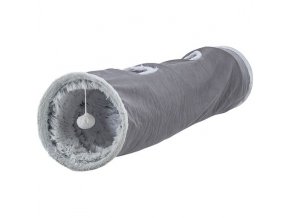 Plyšový tunel pro kočky HARVEY s hračkami, 4 vstupy, 27 x 116 cm, šedá