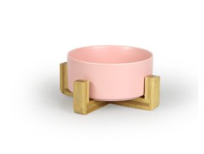 Aminela keramická miska v dřevěném stojanu - růžová 750ml