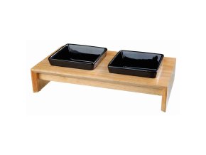 Dřevěný bar, 2x keramická čtyřhranná miska, černá (Velikost dřevěného baru s keramickými miskami 2 × 0,4 l/13 × 13 cm/ 36 × 7 × 19 cm)