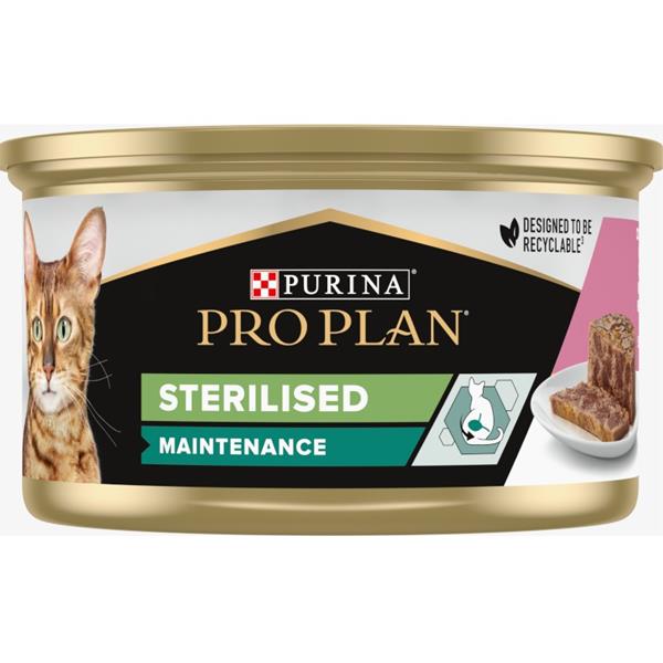Pro Plan Cat konzerva Sterilised tuňák, losos v paštice 85 g