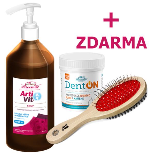 Vitar Veterinae Artivit sirup 1000 ml + DentOn 100 g + kartáč zdarma (chondroprotektivum a zubní péče pes + kočka)