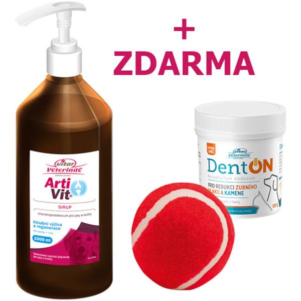 Vitar Veterinae Artivit sirup 1000 ml + DentOn 100 g + aportovací míček zdarma (chondroprotektivum a zubní péče pes + kočka)