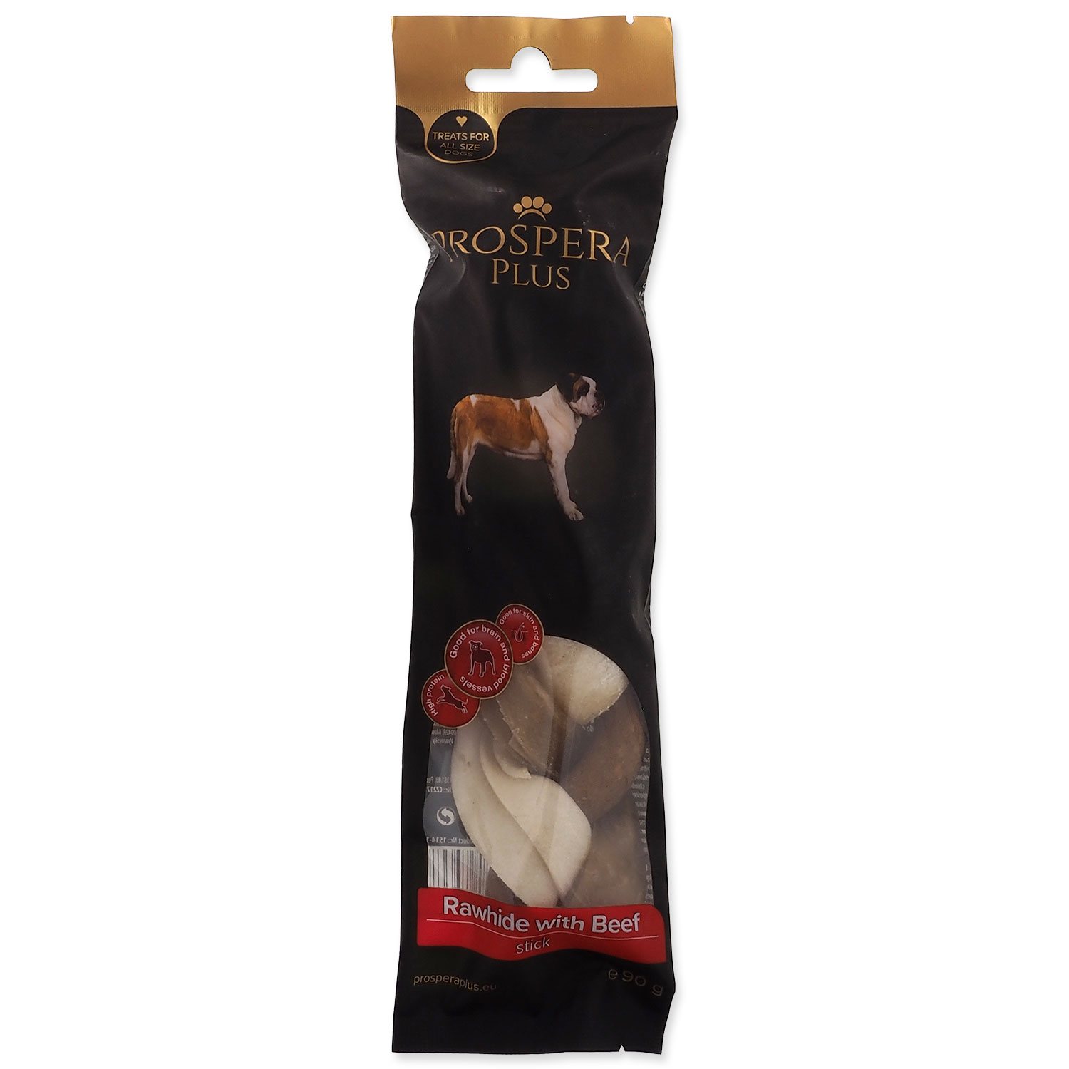 Pochoutka Prospera Plus Surová kůže s hovězím pletená tyčinka 1 ks (17,5 cm)