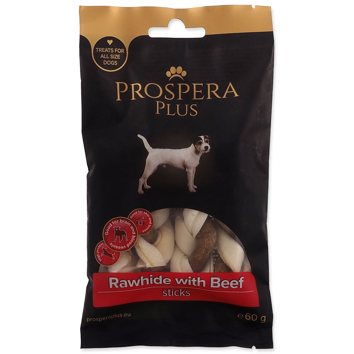 Pochoutka Prospera Plus Surová kůže s hovězím pletená tyčinka 4 ks (7,5 cm)