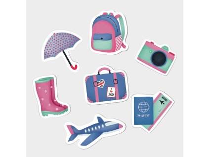Cestovatelské samolepky (deštník, batoh, foťák, pas a letenka, letadlo, zavazadlo, holínky)