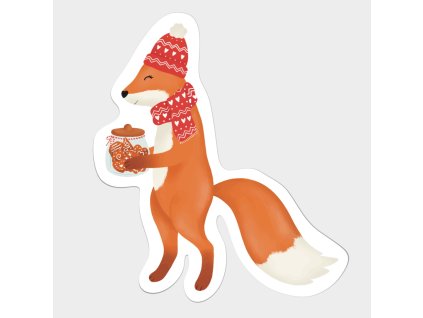 Vánoční samolepka liška Eliška s čepicí, šálí a cukrovím