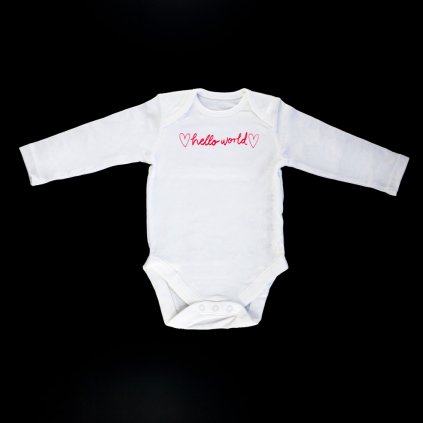 Kojenecké body bílé Hello world, dlouhý rukáv, vel. 68-74