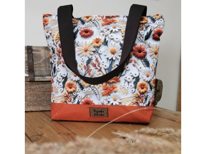 Taška na zips -kvietky s oranžovou - veľká