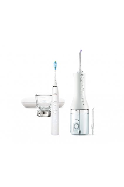 Електрическа звукова четка за зъби и преносим зъбен душ Philips Sonicare DiamondClean 9000 HX3866/41, бяло