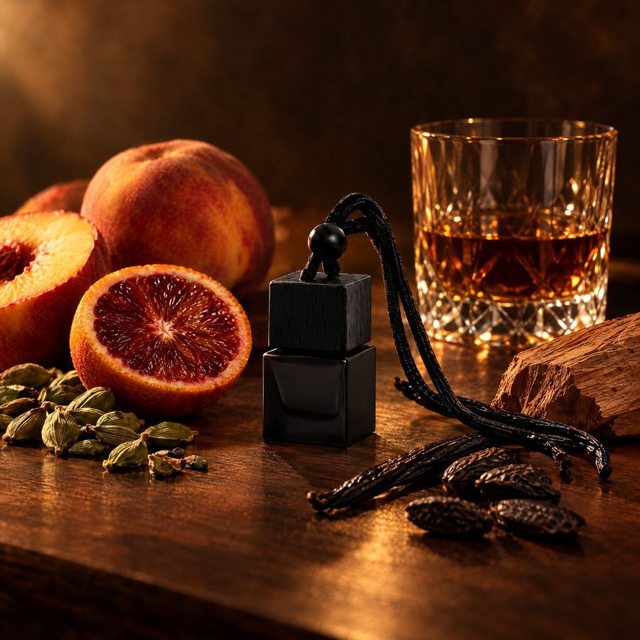 Ingredience vůně Phoenix Essence – broskev, krvavý pomeranč, kardamom, koňak, vanilka a santal