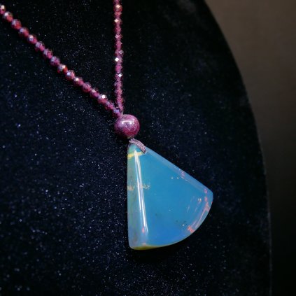 Dominican Blue Amber Pendant with Garnet Necklace