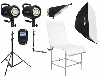 Set blesků 2x SPARK 400D, stativ, odpalovač, stůl, softbox, reflektor na pozadí