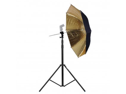 Držák externího blesku a deštníku + stativ 2,8m + difuzní zlatý deštník