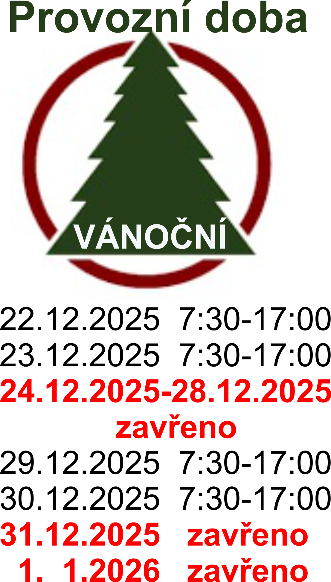 provozní doba Vánoce 2025