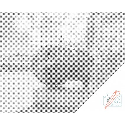 Pictură cu puncte - Capul lui Eros Bendat – statuie de bronz