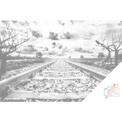 Pictură cu puncte - Șine de tren la apus