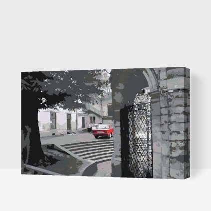 Pictură pe numere - Mașină roșie pe stradă gri