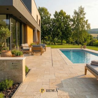 Naturalne płytki trawertynowe, które wyczarują na Twoim tarasie poczucie prawdziwego relaksu i ponadczasowej elegancji. 🍀...