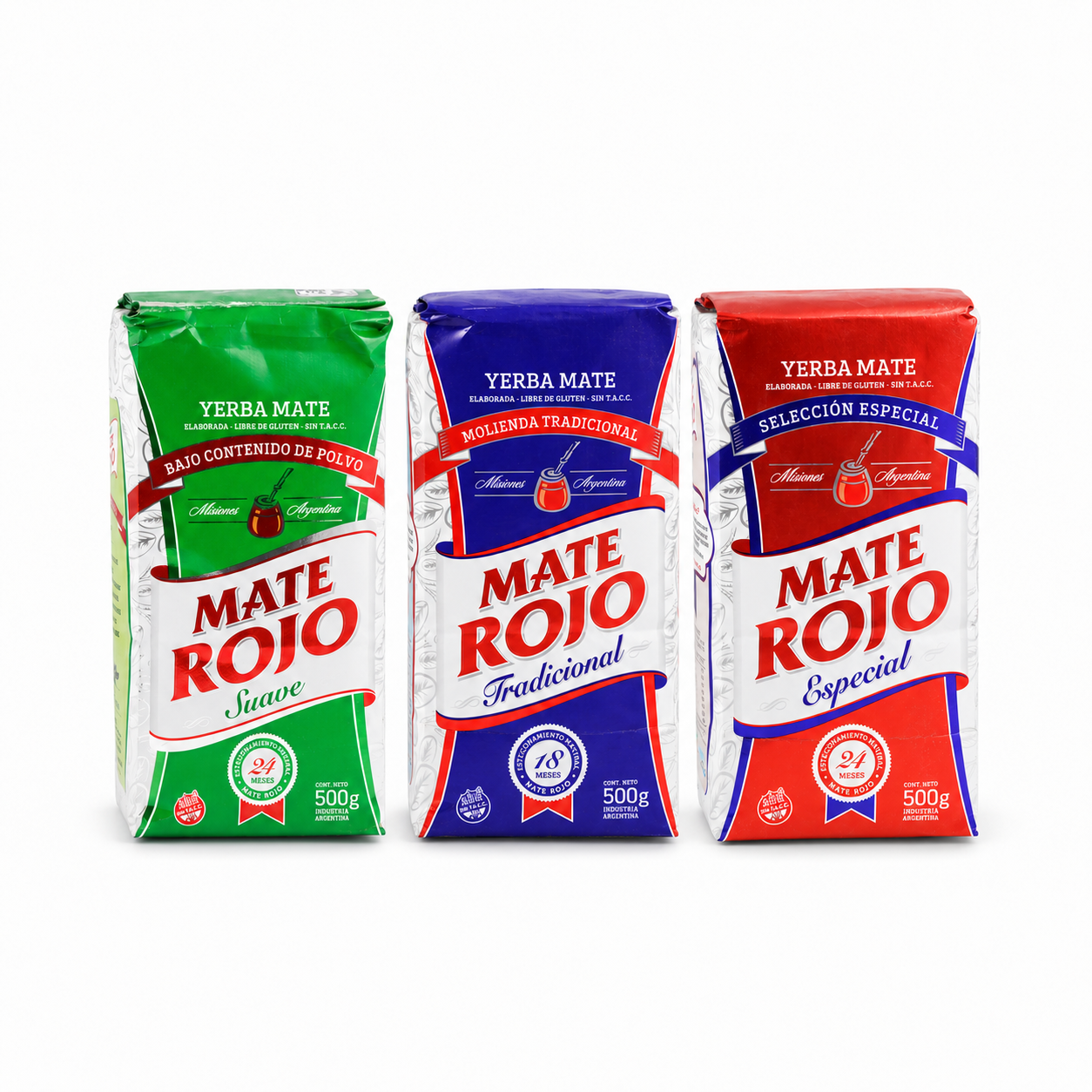 Mate Rojo ochutnávková sada – Suave, Tradicional a Seleccion Especial, 3× 500 g