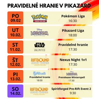 Aj tento týždeň bežia naše ligy na plný plyn. Máš chuť sa zahrať? Príď k nám do Pikazardu aj so svojimi priateľmi. Časy...