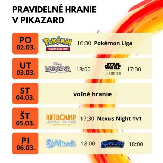 Tentokrát aj malé organizačné zmeny, Star Wars Unlimited presúvame na utorok a v piatok nám pribúda nová hra Sorcery,...