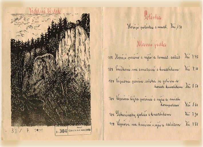 Jídelní lístek z chaty na Macoše