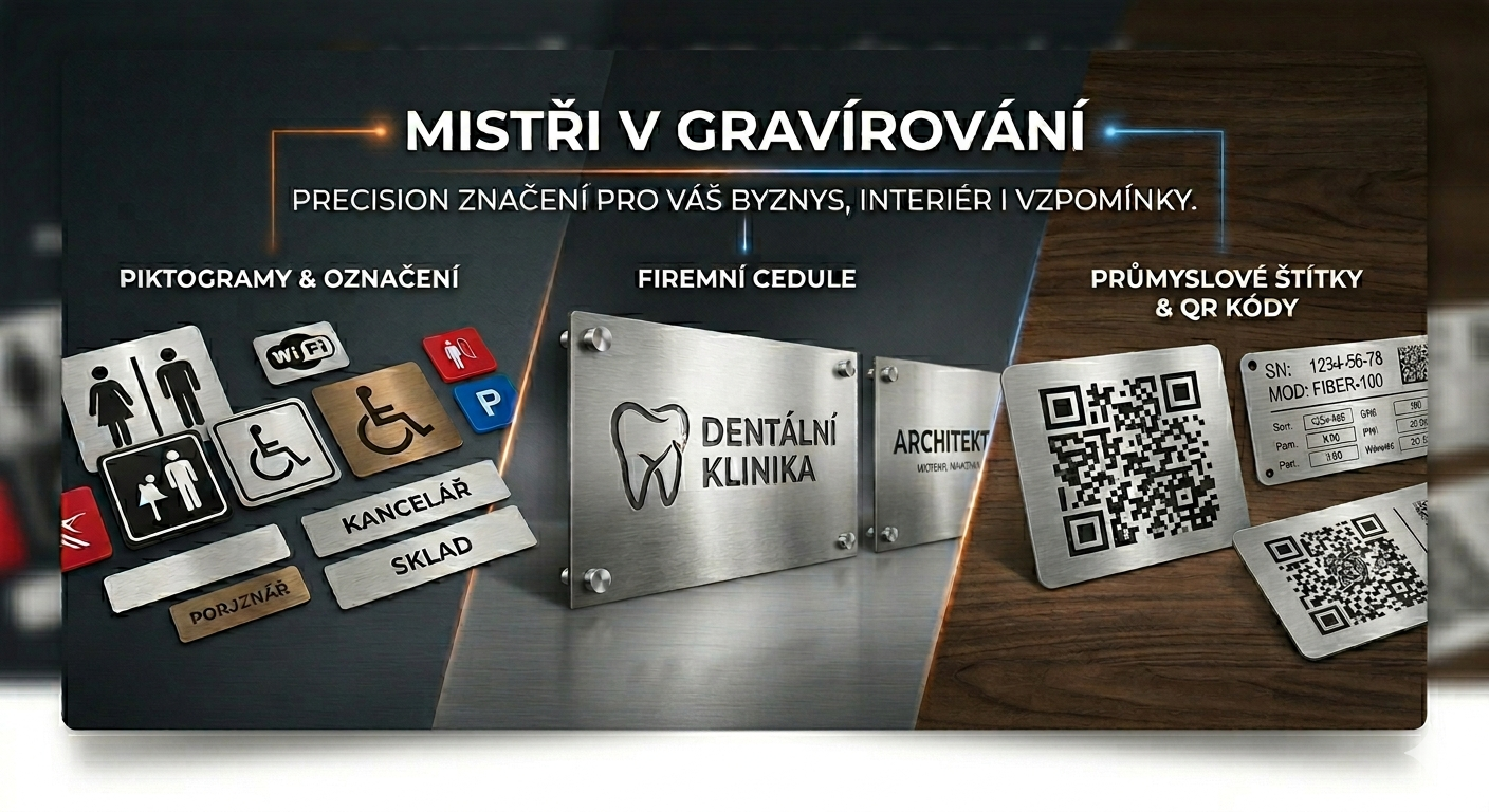 Profesionální ukázka gravírovaných produktů: interiérové piktogramy a popisky místností v dekoru broušeného kovu, reprezentativní nerezová cedule na distančních šroubech a průmyslové kovové štítky s QR kódy.